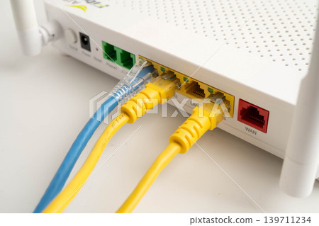 Ethernet cable with wireless router connect to internet service provider network. 139711234