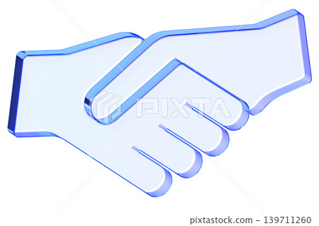 Blue glassmorphism handshake icon symbolizing business partnership and successful agreement, Minimalist translucent hands clasped with soft gradient for corporate collaboration interfaces 139711260