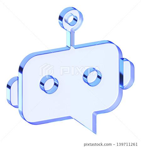 Blue glassmorphism chatbot assistant icon representing automated customer support, Translucent virtual robot symbol with glossy blue gradient for smart helpdesk interface design 139711261