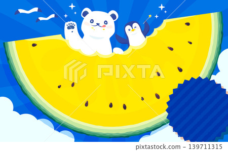 可愛的橫版相框 2,描繪了一隻北極熊和一隻企鵝在吃一個黃色的西瓜。 可愛的橫版相框 2,描繪了一隻北極熊和一隻企鵝在吃一個黃色的西瓜。 139711315