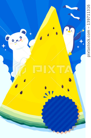 可愛的畫面 2:一隻北極熊和一隻企鵝正在吃一個黃色的西瓜(垂直圖) 可愛的畫面 2:一隻北極熊和一隻企鵝正在吃一個黃色的西瓜(垂直圖) 139711316