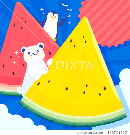 Cute frame 2_square featuring a polar bear and penguin eating a yellow watermelon 139711317