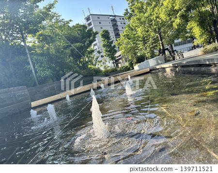 A park scene with a fountain 139711521