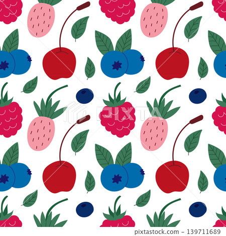 Bright cartoon fruit pattern with cherries, raspberries, strawberries, and blueberries. Bright cartoon fruit pattern with cherries, raspberries, strawberries, and blueberries. 139711689