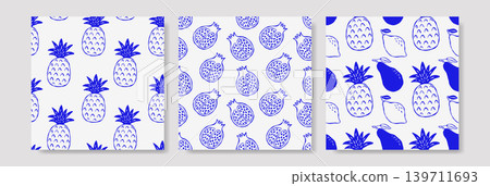 Blue summer fruits motifs on white background, three different pattern variations Blue summer fruits motifs on white background, three different pattern variations 139711693