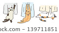 An illustration of a cat whose claws get caught in a curtain. 139711851