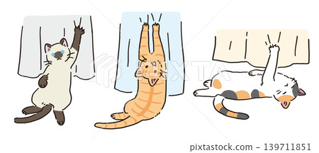 An illustration of a cat whose claws get caught in a curtain. An illustration of a cat whose claws get caught in a curtain. 139711851