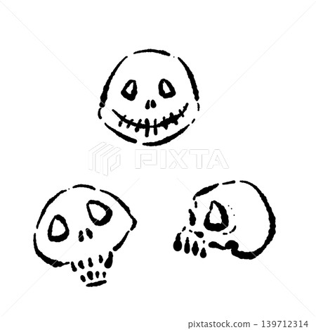 A set of comical, hand-drawn monochrome skull illustrations - a collection of cute line art suitable for Japanese-style or Halloween themes. 139712314