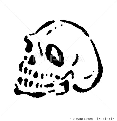 Hand-drawn monochrome illustration of a diagonal skull - Realistic line art design usable for Japanese style or Halloween 139712317