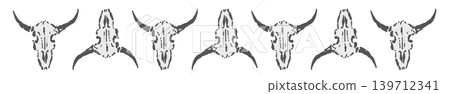 Line decoration featuring cow bones - hand-painted buffalo skull decorative border with brushstrokes. Line decoration featuring cow bones - hand-painted buffalo skull decorative border with brushstrokes. 139712341