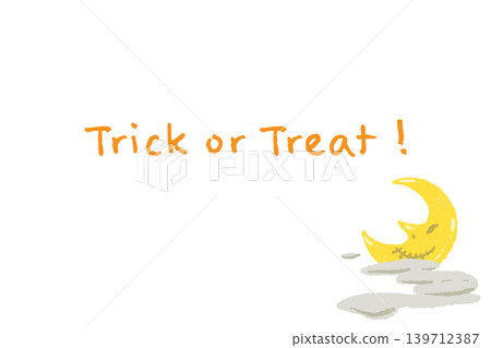 Yellow crescent moon and clouds sideways message card template - hand-drawn Trick or Treat! Yellow crescent moon and clouds sideways message card template - hand-drawn Trick or Treat! 139712387