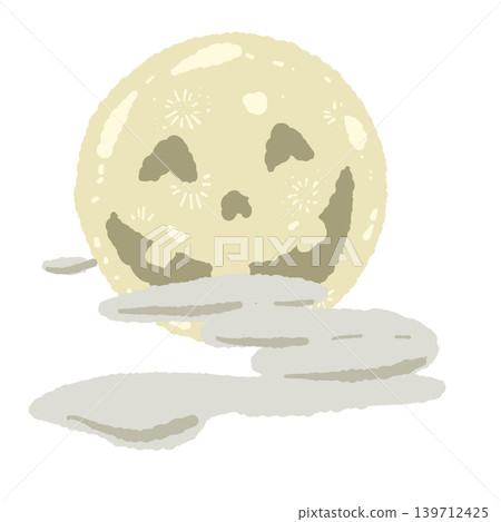 Hand-drawn illustration of a yellow-faced full moon and clouds - Halloween or night sky fantasy design Hand-drawn illustration of a yellow-faced full moon and clouds - Halloween or night sky fantasy design 139712425