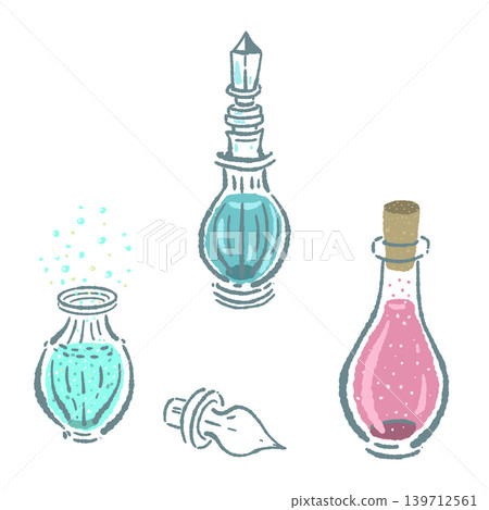 A set of hand-drawn illustrations of colorful potion bottles filled with magical potions. A set of hand-drawn illustrations of colorful potion bottles filled with magical potions. 139712561