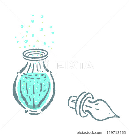 A hand-drawn illustration of a potion bottle containing a blue magic potion and bubbles. 139712563
