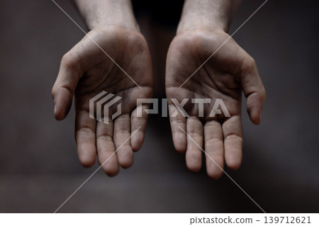 Dirty hand in begging gesture. Poverty and humanitarian crisis Dirty hand in begging gesture. Poverty and humanitarian crisis 139712621