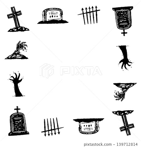 Tombstone and zombie hand monochrome hand-drawn square frame illustration Tombstone and zombie hand monochrome hand-drawn square frame illustration 139712814