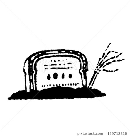 A monochrome, hand-drawn illustration of a crawling skeleton hand and a tombstone. A monochrome, hand-drawn illustration of a crawling skeleton hand and a tombstone. 139712816