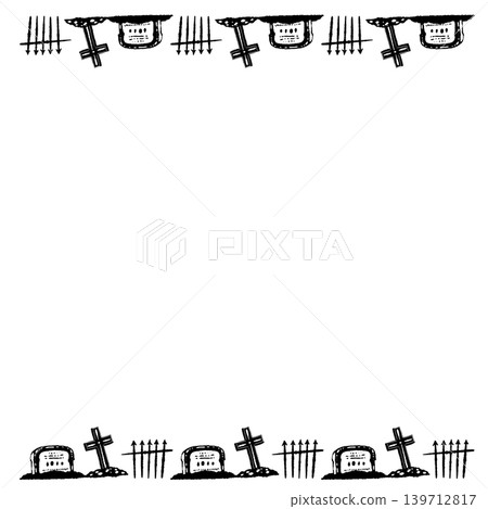 A monochrome, hand-drawn illustration of a tombstone and iron fence with top and bottom borders. A monochrome, hand-drawn illustration of a tombstone and iron fence with top and bottom borders. 139712817