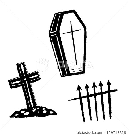 A set of monochrome hand-drawn illustrations of a cross-shaped tombstone, coffin, and iron fence. A set of monochrome hand-drawn illustrations of a cross-shaped tombstone, coffin, and iron fence. 139712818