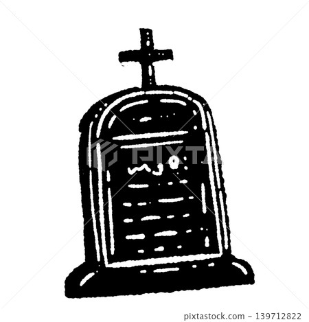 A monochrome, hand-drawn illustration of an old Western-style tombstone with a cross on it. A monochrome, hand-drawn illustration of an old Western-style tombstone with a cross on it. 139712822
