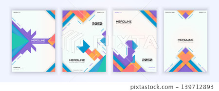 Dynamic business posters featuring geometric patterns in vibrant purple, blue, orange, and pink on a soft background 139712893