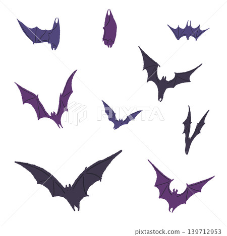 An illustration of a swarm of purple bats flying randomly together in the sky. 139712953