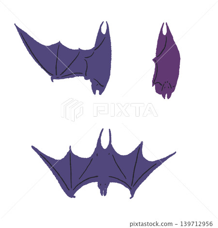 Two purple bats, one hanging upside down and the other flying straight ahead. Two purple bats, one hanging upside down and the other flying straight ahead. 139712956