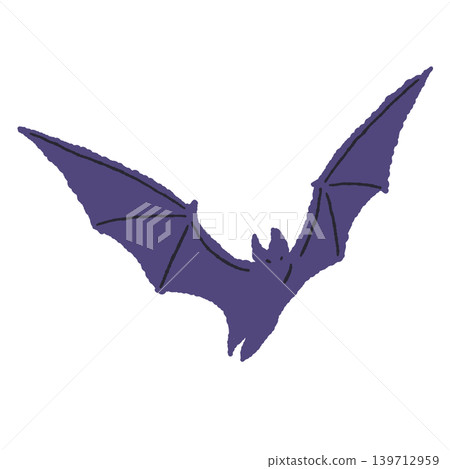 A purple bat is flying, flapping its wings widely towards the upper right. A purple bat is flying, flapping its wings widely towards the upper right. 139712959