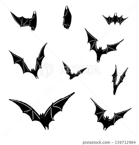 A monochrome illustration of a swarm of black bats flying randomly in the sky. A monochrome illustration of a swarm of black bats flying randomly in the sky. 139712964