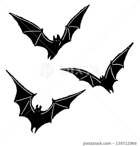 A monochrome illustration of two black bats flying together in the sky against a white background. A monochrome illustration of two black bats flying together in the sky against a white background. 139712966