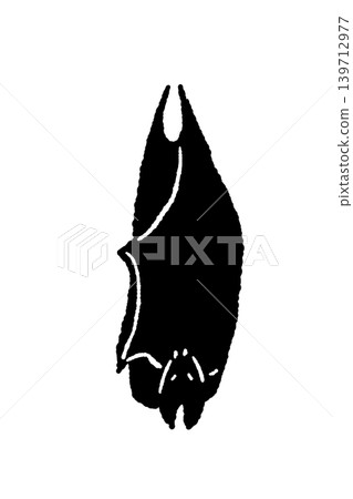 A monochrome illustration of a single black bat sleeping upside down. A monochrome illustration of a single black bat sleeping upside down. 139712977