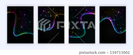 Elegant neon wave posters with glowing stars on a sleek black background Elegant neon wave posters with glowing stars on a sleek black background 139713002