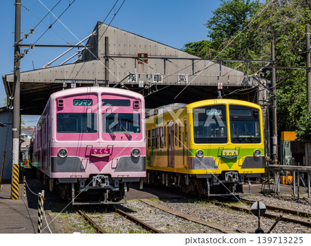 The Ryutetsu 5000 series trains "Sakura" and "Nanohana" lined up at the Nagareyama train depot. The Ryutetsu 5000 series trains "Sakura" and "Nanohana" lined up at the Nagareyama train depot. 139713225