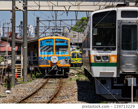 A Ryutetsu 5000 series train entering Nagareyama Station and a parked 211 series train. A Ryutetsu 5000 series train entering Nagareyama Station and a parked 211 series train. 139713229