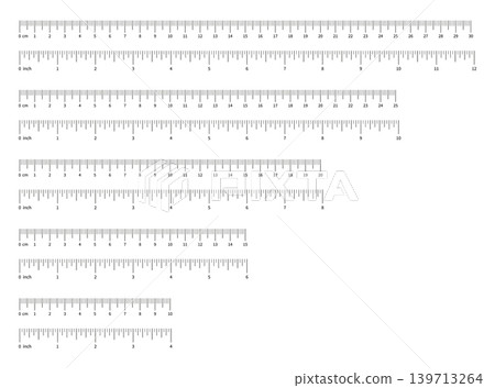 Measuring chart with 4 inch, 6 inch, 8, 10 inch, 12 inch. Collection of ruler scale 100mm, 150 mm, 200 mm, 250, 300mm with numbers. Measuring chart with 10cm, 15cm, 20 cm, 25cm, 30 centimeters. 139713264