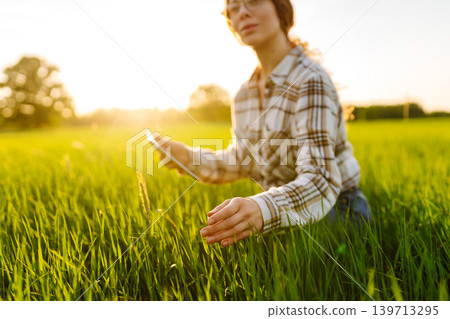 Young woman agronomist works on a modern digital tablet on a green wheat field. Young woman agronomist works on a modern digital tablet on a green wheat field. 139713295