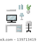 Pixel art 8 bit style. Set of Furniture, Chair, Table and elements in working room 139713419