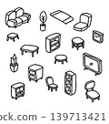 Hand Drawn Doodle of Living room furniture set. Chair, Sofa, table, television and plant. Isometric Drawing Vector. 139713421