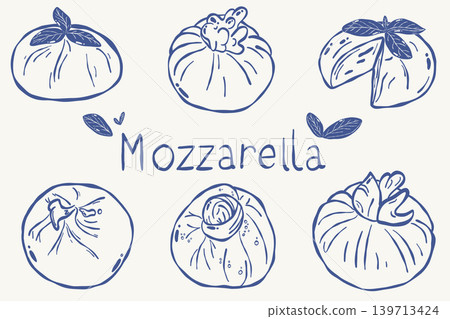 Mozzarella cheese varieties with basil and Italian dairy food sketches Mozzarella cheese varieties with basil and Italian dairy food sketches 139713424