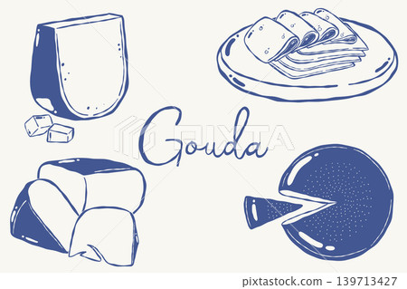 Gouda cheese pieces and Dutch dairy food illustration collection 139713427