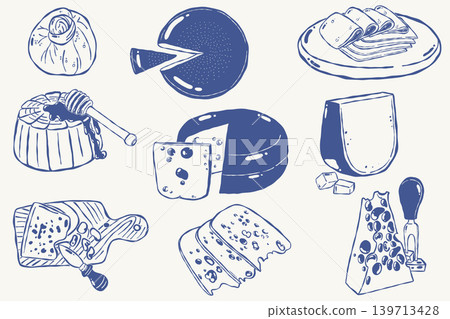 Hand drawn assorted cheese collection with dairy food sketches in rustic style 139713428