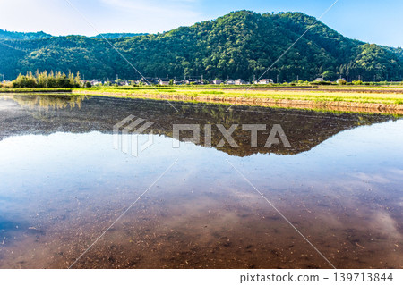 水稻插秧前，稻田裡注滿了水，倒映著鄉村景觀。 139713844