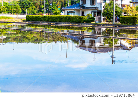 A rural landscape reflected in a rice paddy filled with water before rice planting. A rural landscape reflected in a rice paddy filled with water before rice planting. 139713864