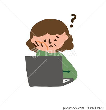 An illustration of an elderly woman struggling to use a computer. 139713970