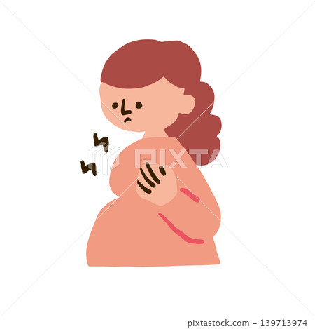 一幅描繪孕婦因乳房脹痛而感到擔憂的插圖。 一幅描繪孕婦因乳房脹痛而感到擔憂的插圖。 139713974