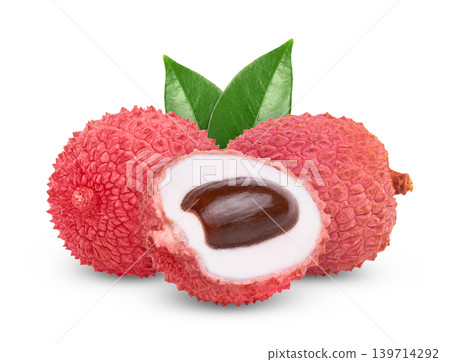 Pink or red fresh lychee and cut in a half of lychee with seed and green leaves isolated. Lychees and half of lychee with green leaf. Pink or red fresh lychee and cut in a half of lychee with seed and green leaves isolated. Lychees and half of lychee with green leaf. 139714292