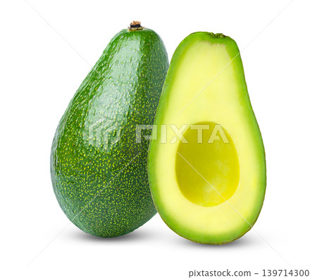 Standing green avocado and cut in a half of avocado without seed isolated. 139714300