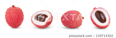 Organic whole lychee set, half of lychee with seed and peeled lychee isolate. Isolated lychee collection. 139714302