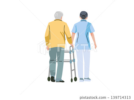 "Gentle Welfare and Care Vector Series": Elderly man using a walker and care staff "Gentle Welfare and Care Vector Series": Elderly man using a walker and care staff 139714313