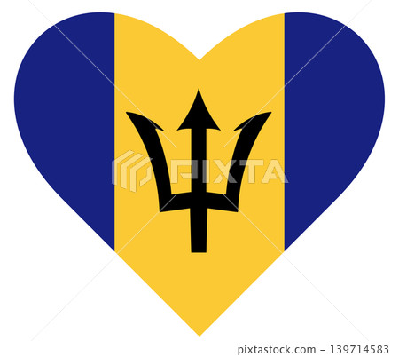 Flag of Barbados in heart shape isolated. Black trident sticker.Barbados national symbol. Flag of Barbados in heart shape isolated. Black trident sticker.Barbados national symbol. 139714583